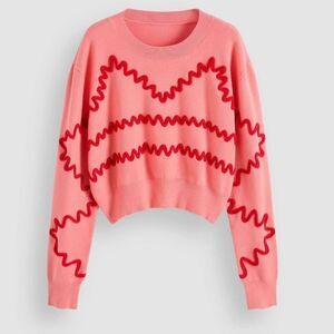 Cider Coral Pink Raised Red Squiggle Wave Cropped Trendy Pullover Knit Sweater